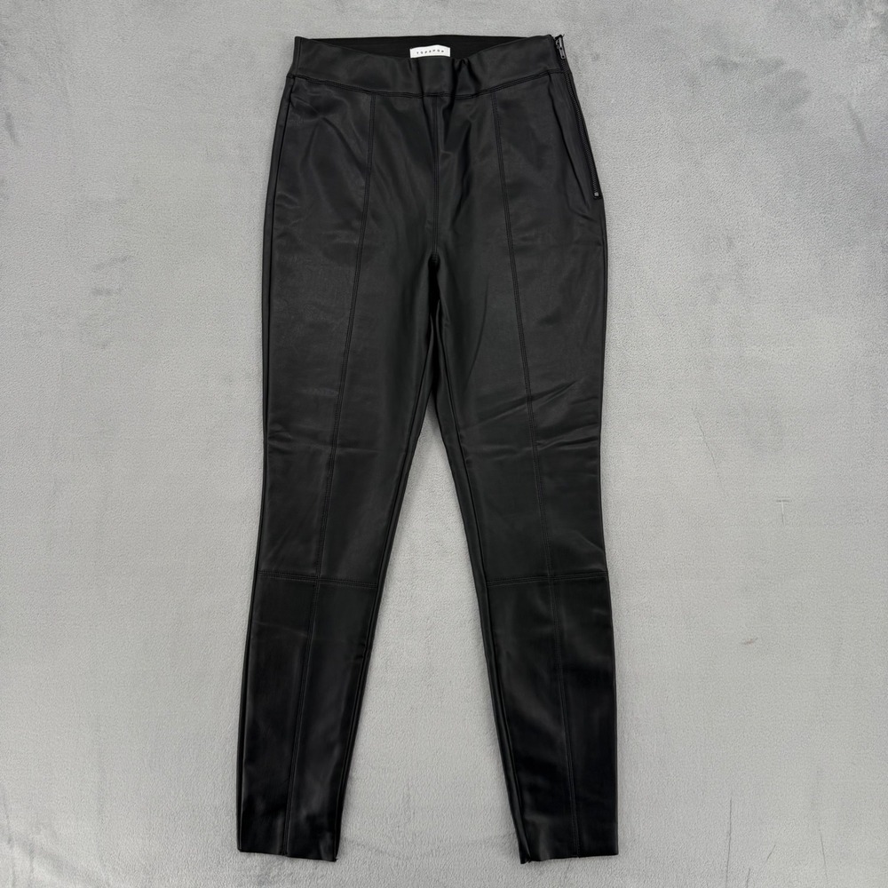 Topshop Black Faux Leather High Rise Seamed Leggings Side Zip Womens Size 6